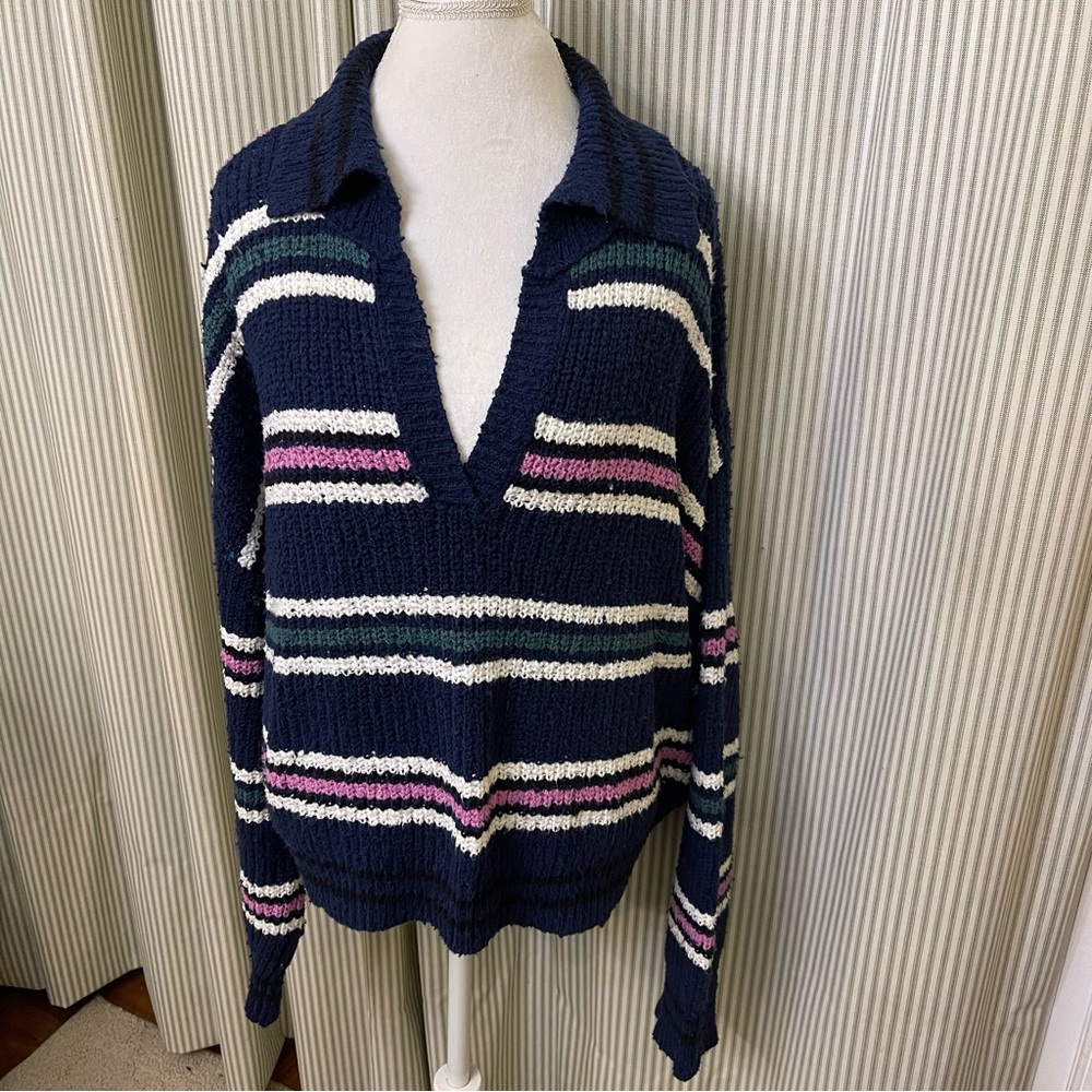 Free People Kennedy Pullover Sweater V Neck Midnight Blue Slouchy Fit XL